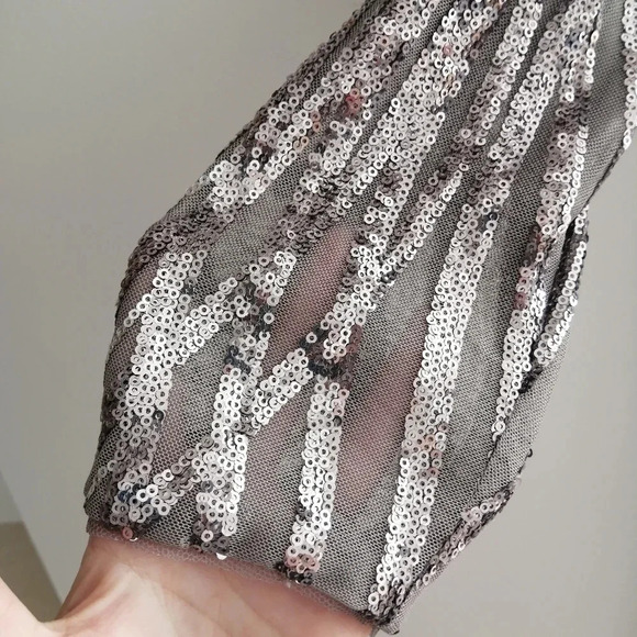 Adrianna Papell Silver Sequin Mesh Mermaid Long Sleeve Maxi Party Formal Dress 4 - Picture 8 of 17